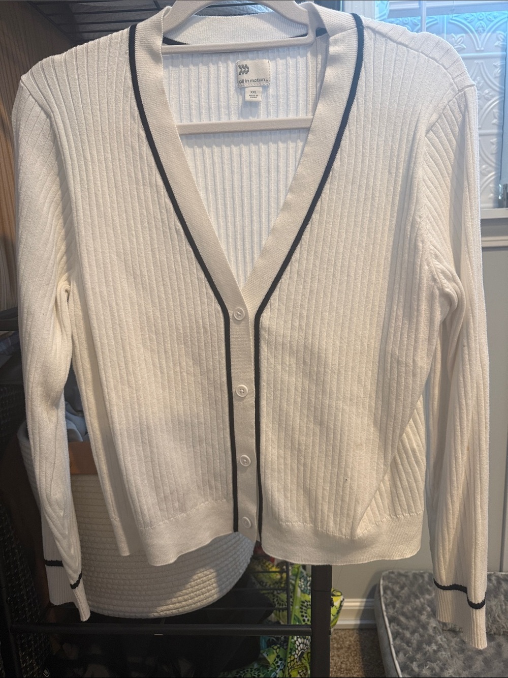 White Ribbed Button Cardigan with Black Trim
